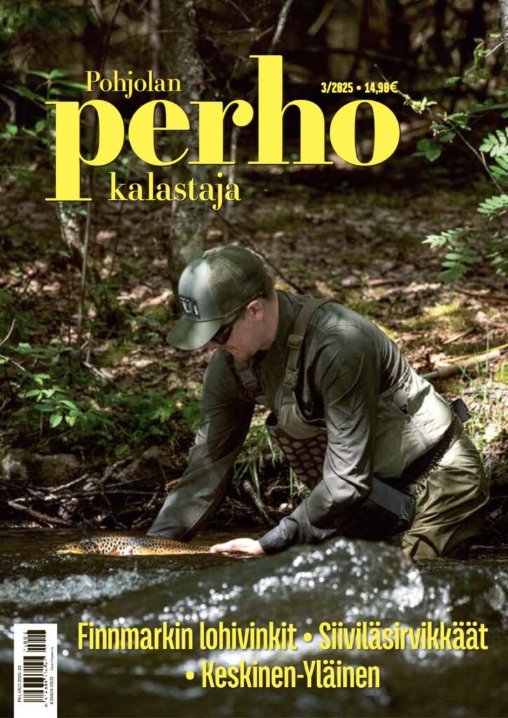 Kansikuva jossa esitellään Pohjolan Perhokalastaja numero 3-2025